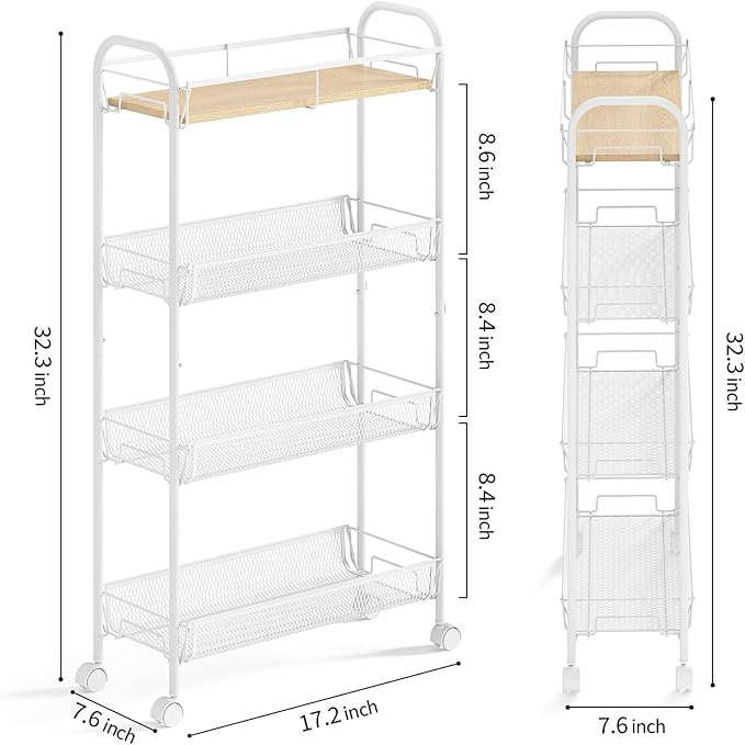 KINGRACK Metal Slim Rolling Cart,4-Tier Metal Utility Cart,Storage Cart with Wooden Tabletop, for Narrow Space on Laundry Bathroom Kitchen Room Bedroom Apartments Dormitory (Pure White, Slim)