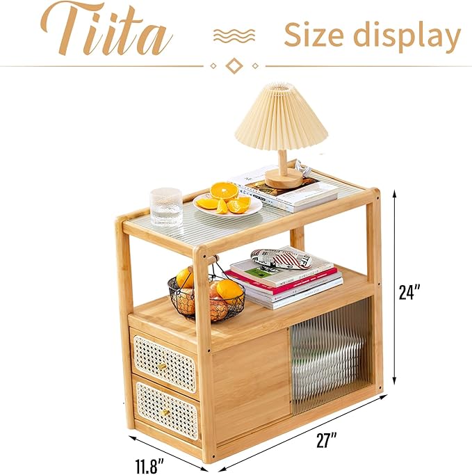 Tiita Rattan Nightstand Side Table, Bamboo Accent Bedside Tables, Glass Coffee Tables, Boho Wooden End Table with Storage for Small Space, Living Room and Bedroom
