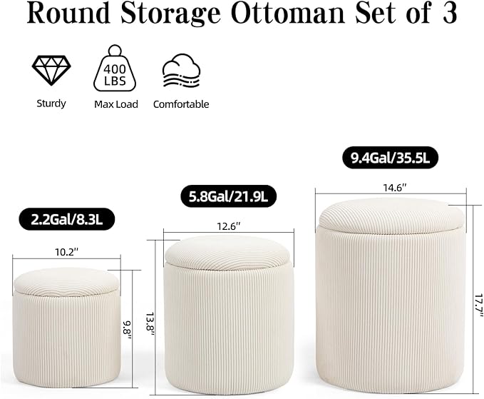 Round Set of 3 Ottoman with Storage-Upholstered Velvet Vanity Stool for Modern Multifunctional Coffee Table Padded Seat Foot Rest for Living Room and Bedroom (White)