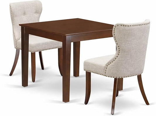East West Furniture OXSI3-MAH-35 3 Piece Dining Room Furniture Set Contains a Square Dining Table and 2 Doeskin Linen Fabric Upholstered Chairs, 36x36 Inch, Mahogany