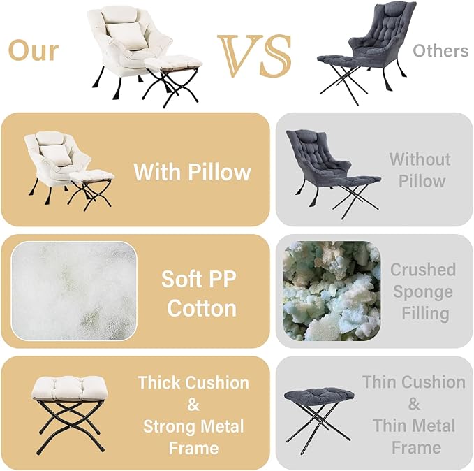 Lazy Chair with Ottoman, Comfy Reading Lounge Chair with Footstool & Throw Pillow Modern with Armrests & Side Pocket for Living Room, Bedroom, Dorm Room, Velvet Beige