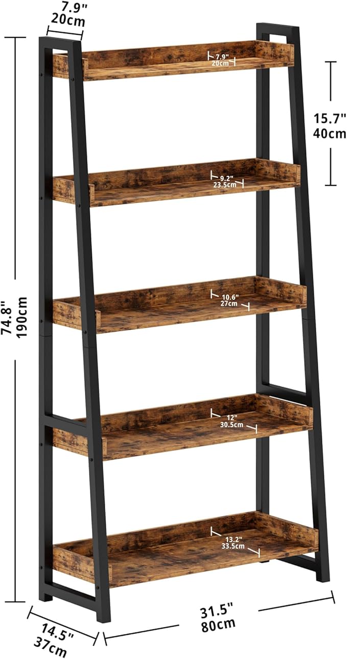 IRONCK Industrial Bookshelf 5-Tier 31.5 in Wide, Bookcase Ladder Shelf, Storage Shelves Rack Shelf Unit, Accent Furniture Metal Frame, Home Office Furniture for Bathroom, Living Room