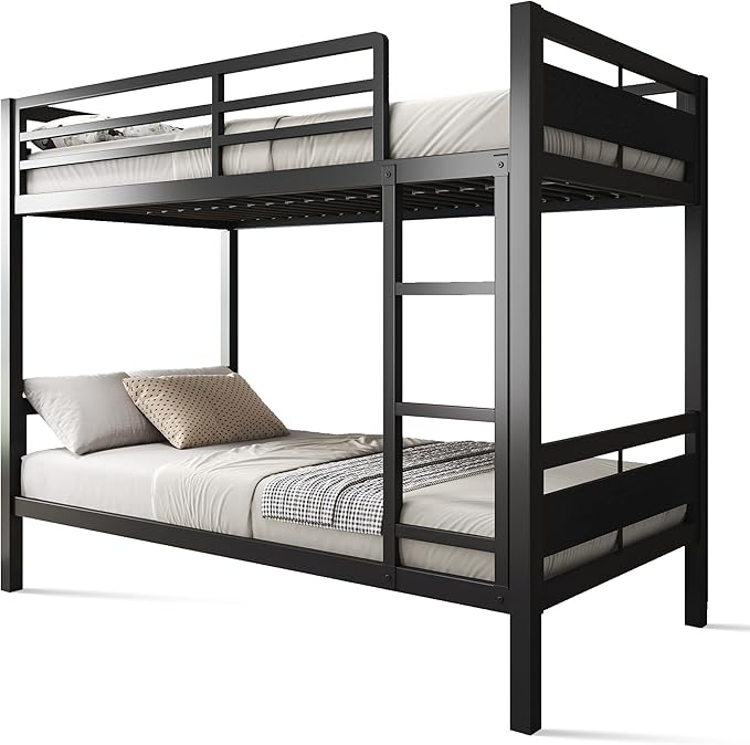 Feonase Metal Twin Over Twin Bunk Bed with Ladder and High Guardrail, Heavy-Duty Metal Slats Support, Noise Free, No Box Spring Needed, for Kids and Juniors, Black