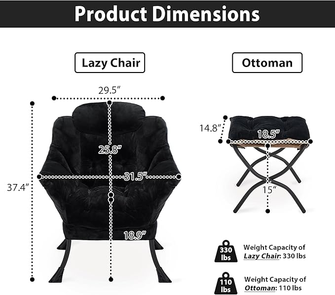 Lazy Chair with Folding Ottoman, Accent Chair Plush Upholstered with Metal Structure and Non-Slip Pads, Sofa Armchair with Footrest and Side Storage Bag for Dorm, Room, Office, Black