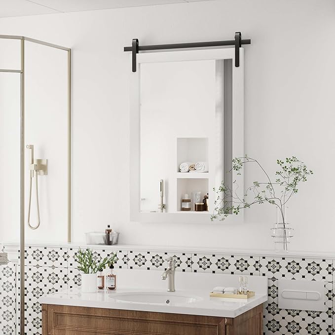 Farmhouse Bathroom Mirror, White Rustic Square Mirror for Wall Wood Framed Vanity Mirrors, Barn Door Style Decor Living Room Entryway Bedroom Mirrors, 24x36INCH (Hanging/Leaning)
