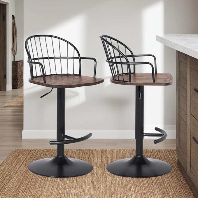 Armen Living Edward Adjustable Walnut Glazed Barstool in Black Powder Coated Finish