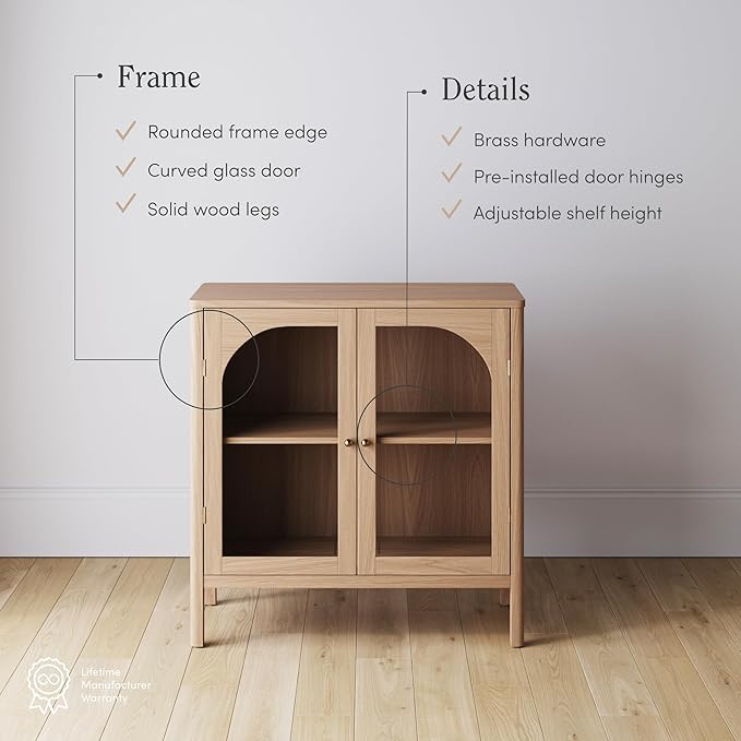 Nathan James Mason Modern Farmhouse TV Stand, Free Standing Accent Sideboard Buffet, Cabinet with Glass Doors and Adjustable Shelf, Clear Glass/Raw Oak Set of 4