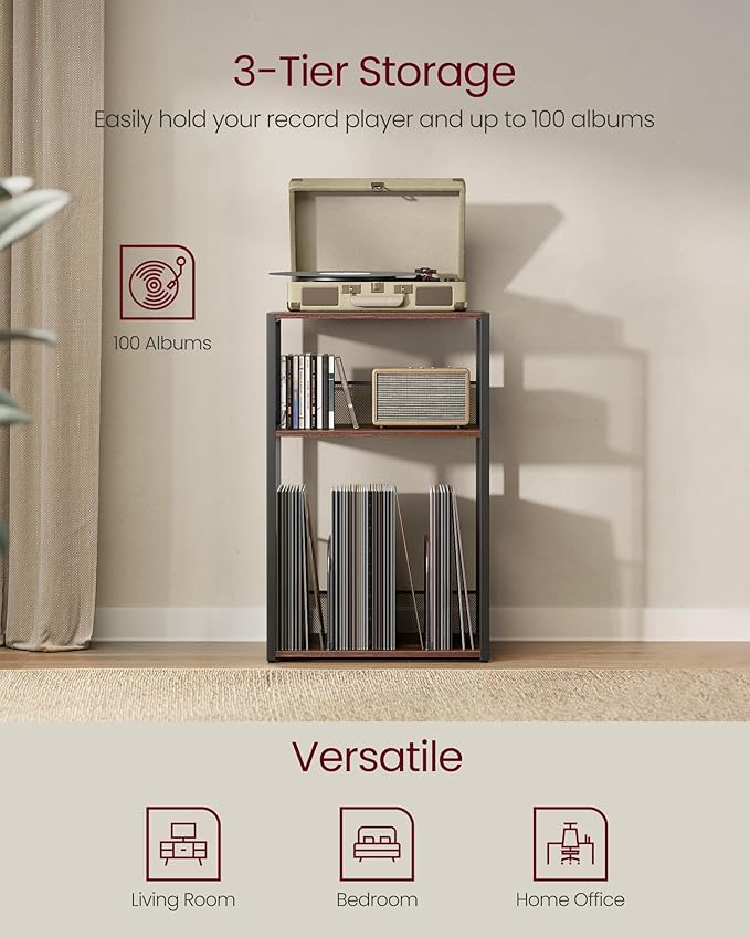 VASAGLE Record Player Stand, 3-Tier Side Table, Vinyl Record Storage up to 100 Albums, End Table for Living Room, Bedroom, Natural Walnut ULET275K02