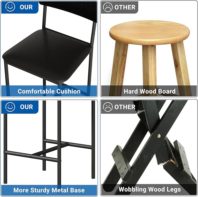 GarveeHome Bar Stools Set of 4, Upholstered Counter Height Bar Stools with Backrest and Footrest, Kitchen Barstools for Island, Counter Bar, Easy Assembly, Rustic Black