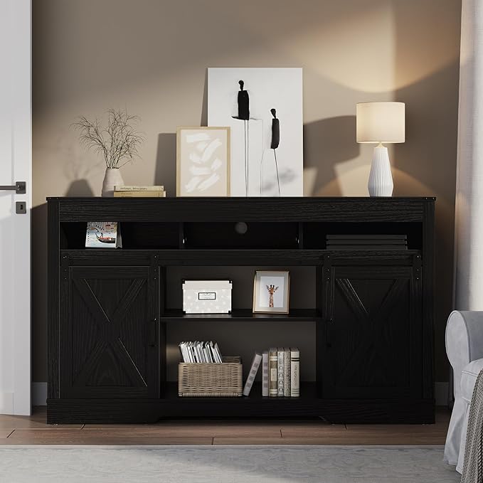RoyalCraft Farmhouse TV Stand for 23" Fireplace, 34'' Tall Entertainment Center for 65+ Inch TV, 34" Tall Rustic TV Console with Sliding Bar Door for Living Room Black