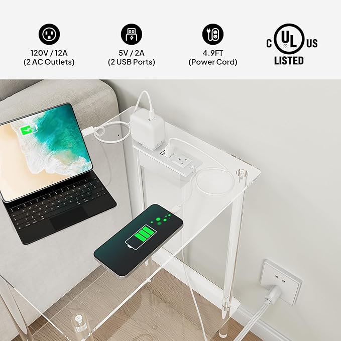 Eglaf Acrylic Side Table with Charging Station & USB Ports - Small Nightstand Bedside Table End Table for Living Room, Bedroom - 15.7'' L x 11.8'' W x 21.7'' H, 2 Tier