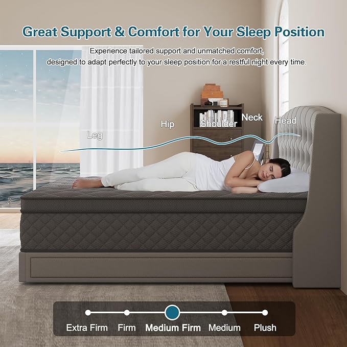 Full Mattress, 10 Inch Euro Top Mattress Grey Hybrid Medium Firm for Back & Lumbar Support, 100 Night Trial, Individual Pocket Spring for Motion Isolation & Pressure Relief