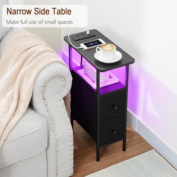 Narrow End Tables Living Room Set of 2 with Charging Station, Skinny Side Table with Fabric Drawers, Slim LED Nightstand for Bedroom, Small Spaces, Couch, Black, HETNDP02LBK