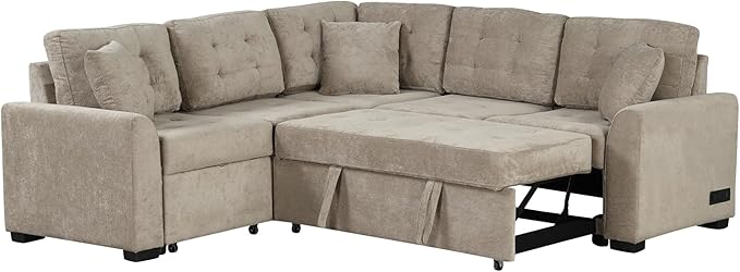 82" Convertible Sleeper Sofa with Pull-Out Bed,L-Shape Chaise Couch W/USB Ports & Power Sockets,Space Saving,Easy Assembly,Modern Corner Reversible Furniture Set for Living Room,Khaki Velvet