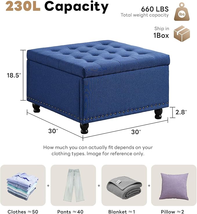 Tbfit Large Square Tufted Upholstered Ottoman and Coffee Table with Storage, Oversized Footrest Bench for Living Room Bedroom, Blue