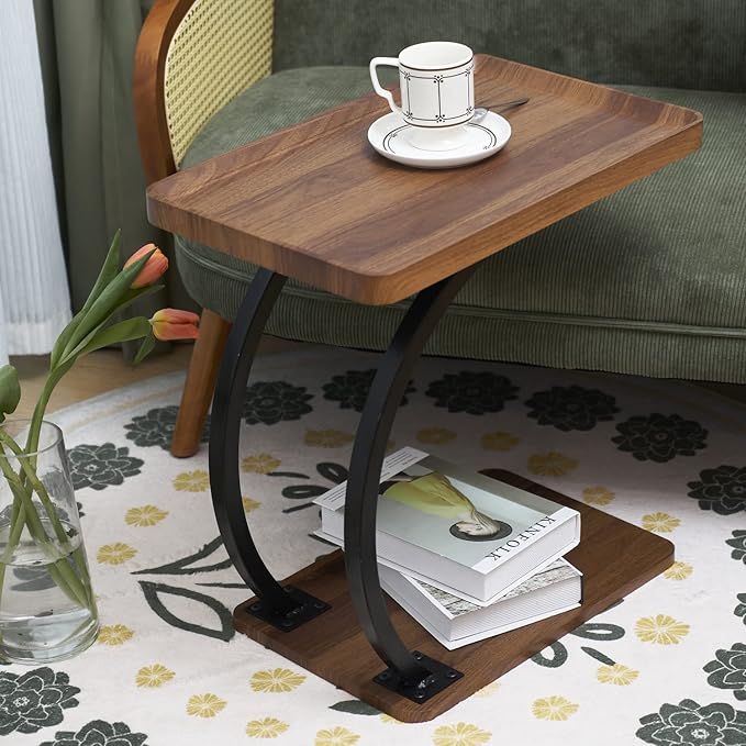 C Shaped 2tier Large Tray Wood top Heavy Duty Side end Table Large TV Tray for Couch Sofa Double Bent Tubes 2