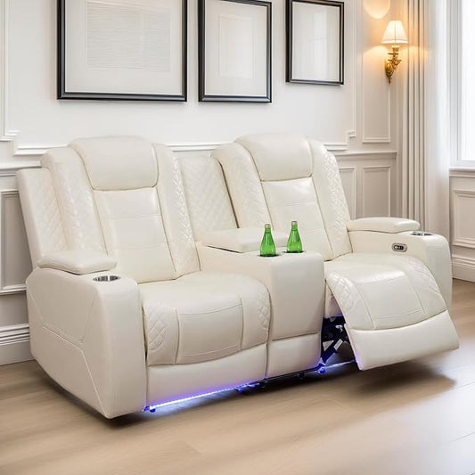 Loveseat Recliner Sofa, Reclining Loveseat Leather Couch with Storage Console, Modern Comfy Home Theater Seating Power Recliner Chair with Cup Holders for Living Room Furniture Sets, White