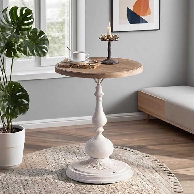 Round Side Table Living Room, Vintage End Table, French Country Round Table with Cedar Wood Accent Table for Bedroom, Entryway, Home Decor White