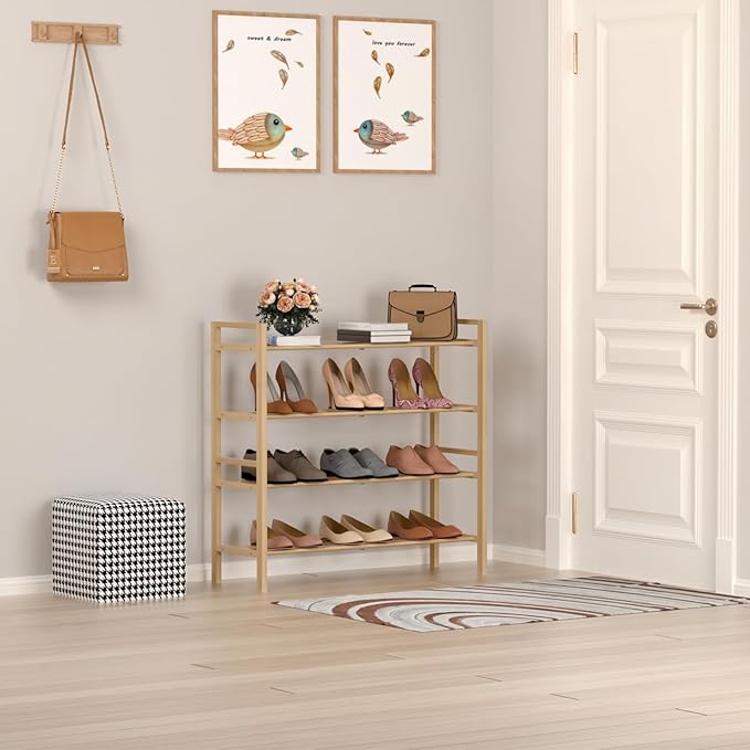 Haddockway Bamboo Shoe Rack for Closet, Free Standing Shoe Organizer with Smooth Round Rods & Convenient Handles, Stackable Shoe Storage Shelf for Entryway, Hallway(Natural, 4-Tier)