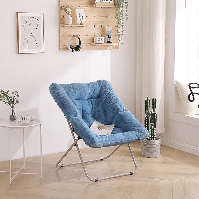 Tiita Comfy Saucer Chair, Soft Faux Fur Oversized Folding Accent Chair, Lounge Lazy Chair for Kids Teens Adults, Metal Frame Moon Chair for Bedroom, Living Room, Dorm Rooms, X-Large, Blue