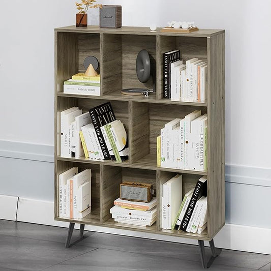 Bookshelf, 3-Tier 8 Cube Open Wooden Book Shelf with Legs, Floor Standing Office Bookcase, Wooden Bookcase for Office Furniture, Cubby Storage Organizer for Living Room/Bedroom
