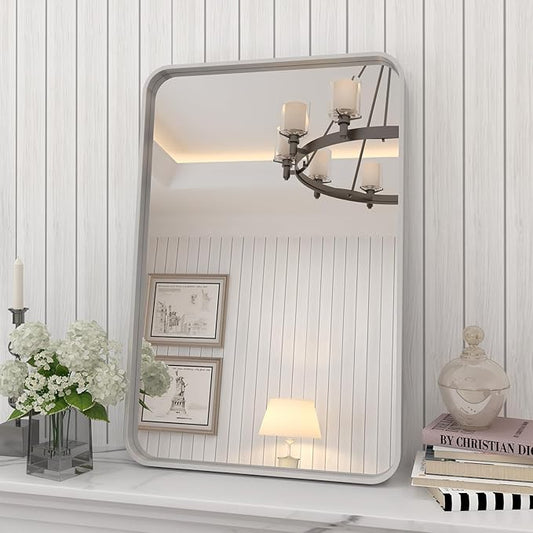 16x24 Inch Brushed Nickel Bathroom Mirror, Rounded Rectangle Silver Metal Frame Mirror, Silver Bathroom Vanity Mirror, Anti-Rust, Hangs Horizontally or Vertically