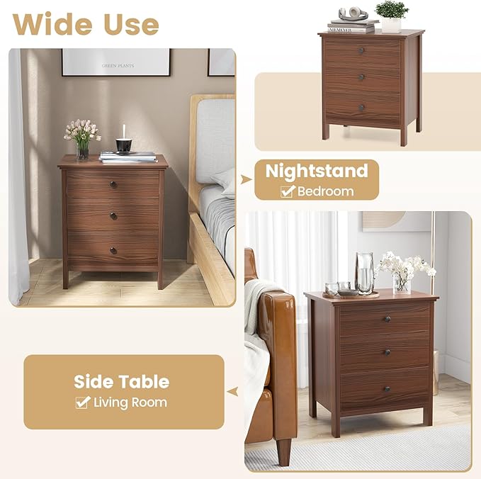 KOMFOTT 3 Drawers Nightstand, Wooden Bedside Table, Modern Sofa Side End Table, Space-Saving Telephone Table, Chest of Drawers for Living Room, Bedroom & Office (1, Walnut)