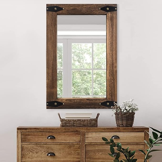 Rustic Wooden Framed Wall Mirror for Bathroom, Farmhouse Decorative Natural Wood Vanity Mirror, Wall Mounted Rectangular Mirror for Bedroom Living Room, Vertical or Horizontal Hanging, 26x40 Inches