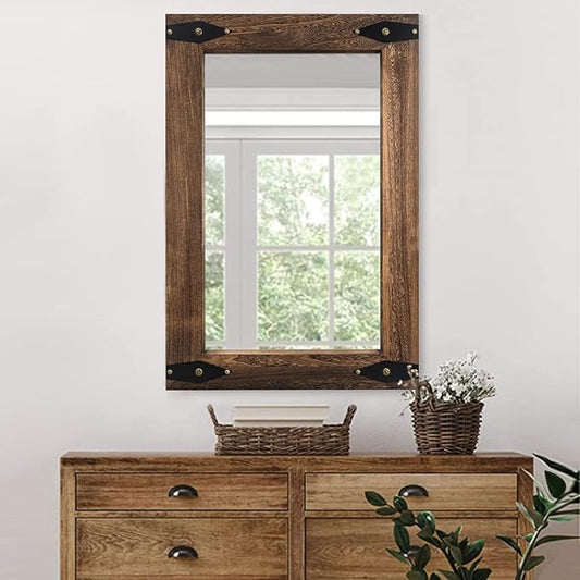 Rustic Wooden Framed Wall Mirror for Bathroom, Farmhouse Decorative Natural Wood Vanity Mirror, Wall Mounted Rectangular Mirror for Bedroom Living Room, Vertical or Horizontal Hanging, 26x40 Inches