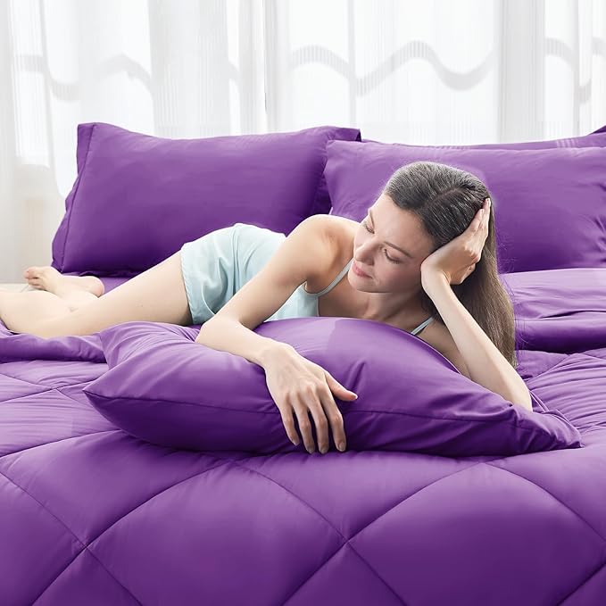 HEVUMYI Purple Cali-King Comforter Set - 7-Piece All Season Bed in a Bag Cali-King, Ultra Soft Bedding Set with Comforter, Flat Sheet, Fitted Sheet, Pillowcases, Pillow Shams