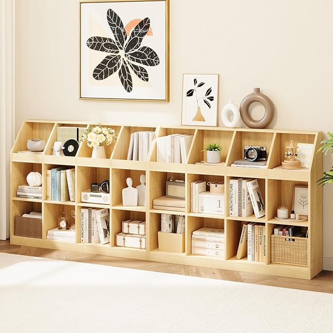 12-Cube Wooden Storage Bookcase - 11-Inch Open Shelf Cabinet, Simple Modern Bookshelf Organizer for Home Office, Living Room, Oak