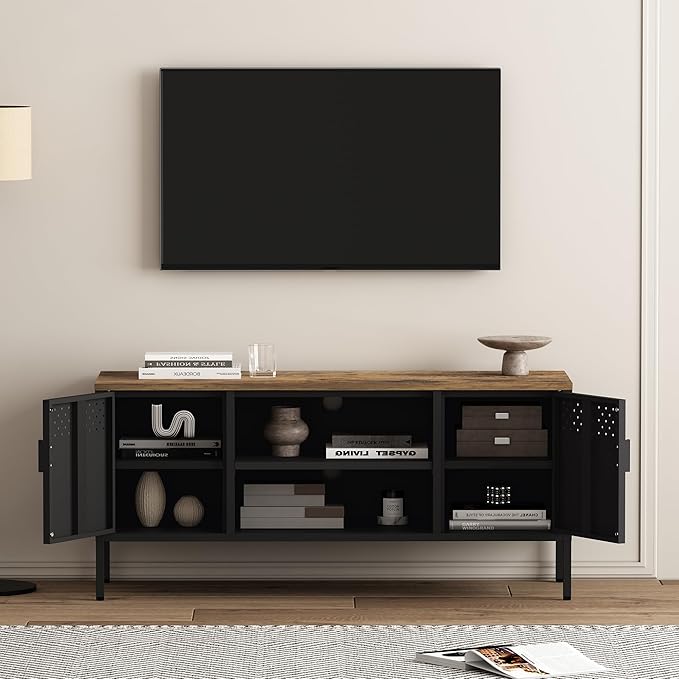 Manhattan Comfort Landen 47" Modern Metal TV Stand with Storage Cabinets & Open Shelves, Holds Up to 40" Screen, TV Console with Natural Wood Top, Cable Management, Adjustable Legs, Black