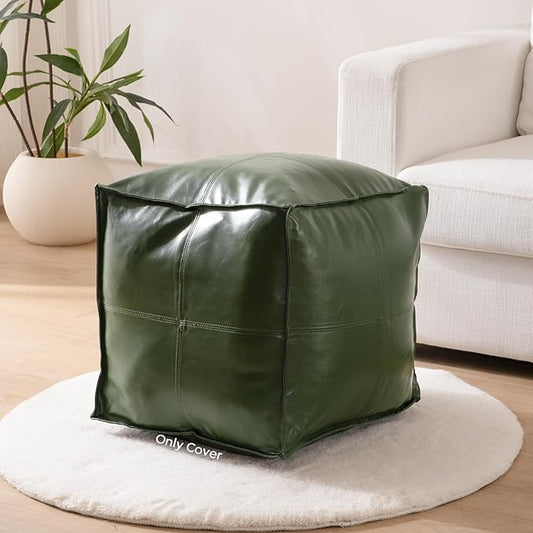 Unstuffed Pouf Cover (Only Cover, No Filler), 17.7" Faux Leather Poofy Ottoman Cover, Square Footstool For Storage Living Room Decoration Foot Rest, Footrest for Bedroom Balcony Office Chair, Green
