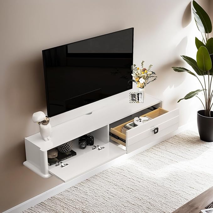 Pmnianhua High Gross Floating TV Stand,51'' Solid Wood Wall Mounted TV Console,Floating Entertainment Center with Door and Drawer,Under TV Shelf for TVs up to 60''(White)