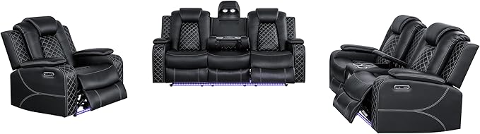 Ball & Cast Power Recliner Sofa Set Leather Reclining Sofa Set Living Room Furniture Set 3PCS Recliner Couch Loveseat and Chair Sets with LED,USB Charging,Cup Holders,Storage Console for Home Theater