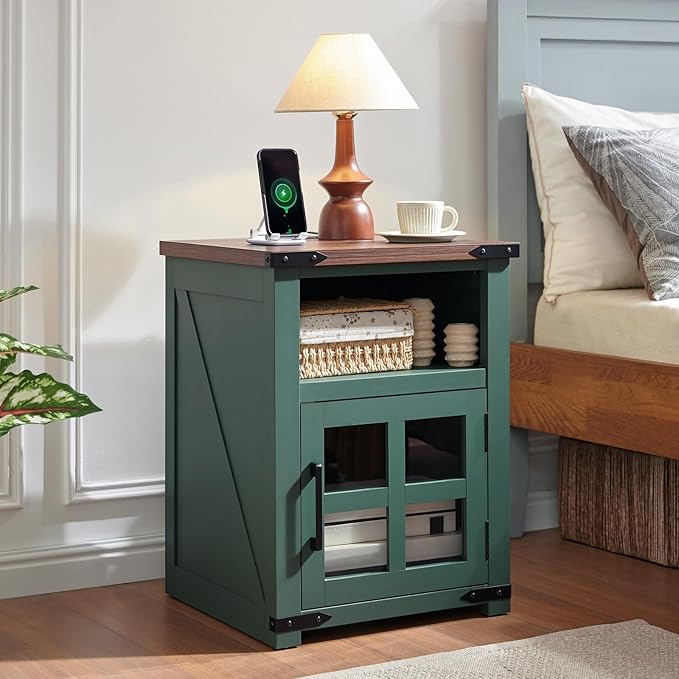 Farmhouse Nightstand with Charging Station, Rustic End Table with Tempered Glass Barn Door, Wood Sofa Side Bedside Table with Open Storage Shelf for Living Room, Bedroom, Green