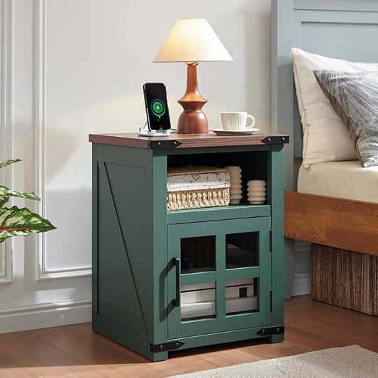 Farmhouse Nightstand with Charging Station, Rustic End Table with Tempered Glass Barn Door, Wood Sofa Side Bedside Table with Open Storage Shelf for Living Room, Bedroom, Green