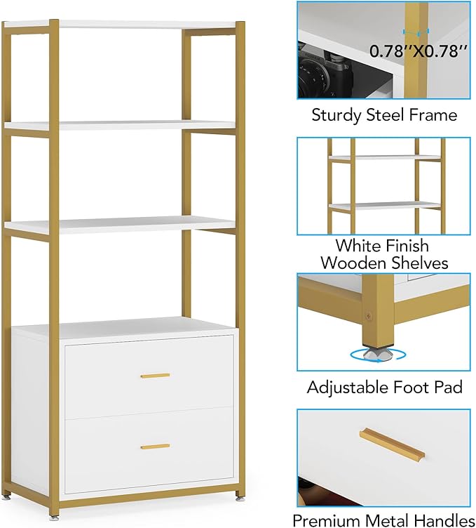 Tribesigns Bookcase, 4-Tier Bookshelf with 2 Drawers, Etagere Standard Book Shelves Display Shelf for Home Office (Gold/White)