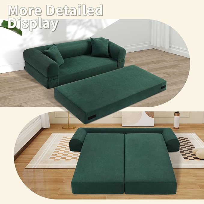 80" Convertible Sofa Bed, 3-in-1 Corduroy Folding Pull Out Couch with Pillows, No Assembly Modern Boneless Couch Compression Sofa in Box, Floor Sofa with Side Storage Pocket for Living Room,Dark Green