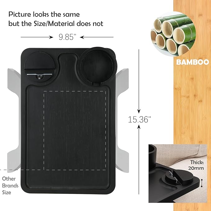 Nnewvante Couch Cup Holder,3 in 1 Large 15.36"x9.85" Bamboo Couch Arm Table Sofa Arm Clip on TV Tray Table with 360°Rotated Phone/Cup Holder, Black
