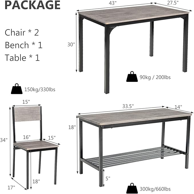 Giantex Dining Table Set for 4, Kitchen Table with Bench and Chairs, Industrial Gathering Bench Dining Set W/Metal Frame & Storage Rack, Dinette Set, Modern Functional Desk Set (Black Oak)