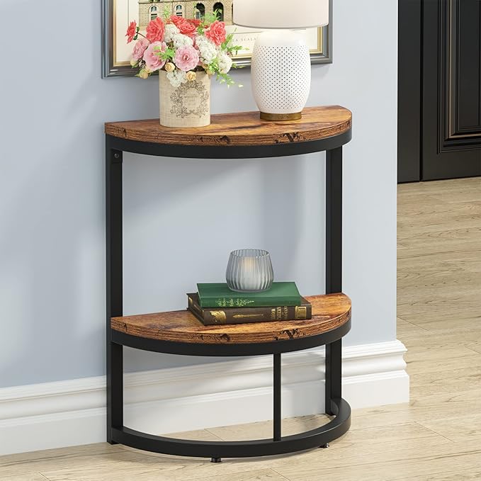Tribesigns End Table Semi Circle, Small Half Round Side Table with Storage Shelf, Wood Accent Table Slim C Table for Sofa Couch, Living Room, Bedroom, Easy Assembly (Rustic Brown & Black, 2-Tier)