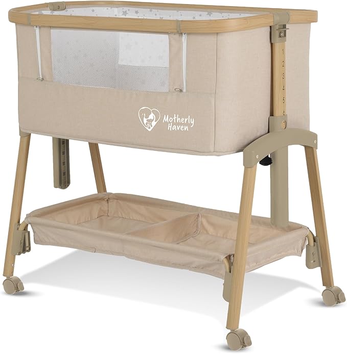 Baby Bassinet Bedside Sleeper, Portable Crib for Newborns, Adjustable 7-Height Auto-Lock, with Wheels, Soft Mattress & Breathable Mesh (Beige)