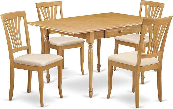 East West Furniture MZAV5-OAK-C 5 Piece Dinette Set for 4 Includes a Rectangle Dining Room Table with Dropleaf and 4 Linen Fabric Kitchen Dining Chairs, 36x54 Inch, Oak