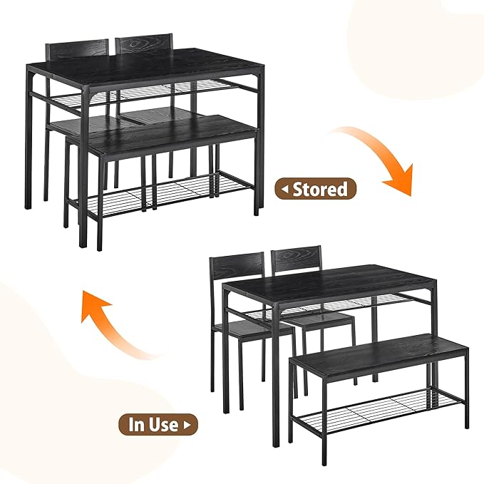 VECELO Kitchen Dining Room Table with 2 Chairs & Bench, Compact Space-Saving Design, Easy Assembly Steel Frame, Perfect for Small Apartments & Breakfast Nooks，Industrial