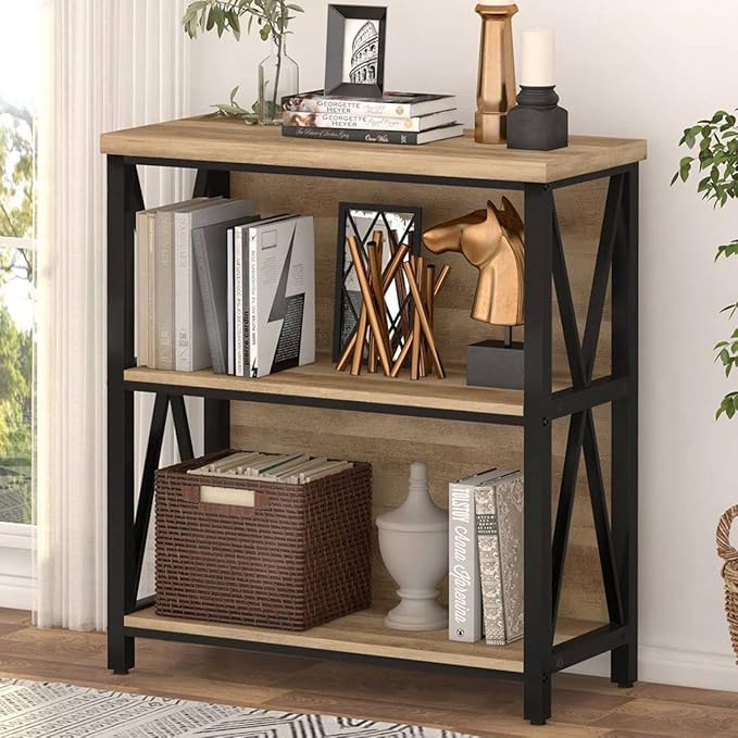 FATORRI Small Bookcase, Wood and Metal Low Short Bookshelf, Industrial Book Case and Rustic Book Shelf for Small Space (Rustic Oak)