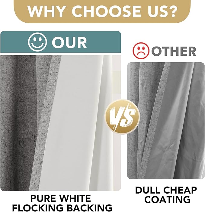 H.VERSAILTEX Primitive Linen Curtains 100% Blackout Curtain Drapes Burlap Curtains with White Thermal Insulated Liner, Grommet Top Drapes Living Room/Bedroom (2 Panels, 42 x 45 Inch, Dove Gray)