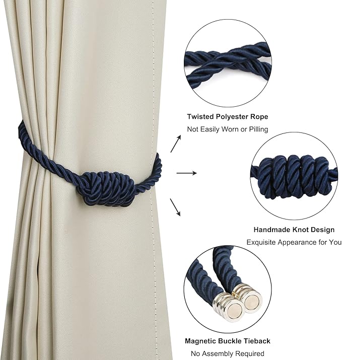BEL AVENIR Magnetic Curtain Tiebacks, Decorative Drapery Holdbacks Modern Woven Tie-Backs with Exquisite Knot (Navy, 4 Pack)