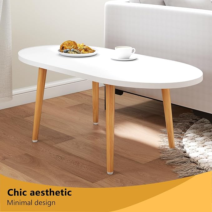 Oval Coffee Table Low Table with 4 Solid Wood Sturdy Legs, Floor Table Desk for Sitting on The Floor, Storage and Living Room Furniture (White)