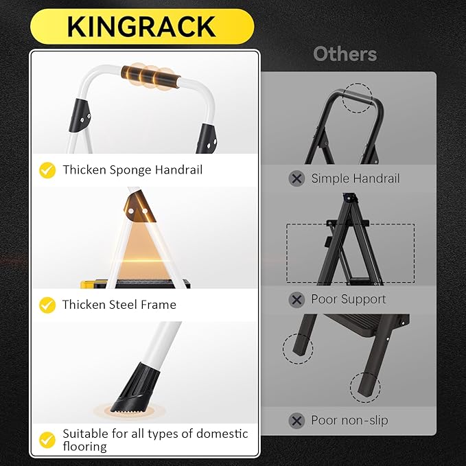 KINGRACK 4 Step Folding Ladder, 800lbs Capacity Step Stool with Safety Lock, Non-Skid Wide Pedals, and Handrail, Lightweight, Household Ladder for Home, Kitchen, Pantry, Closets, and Office Use, White